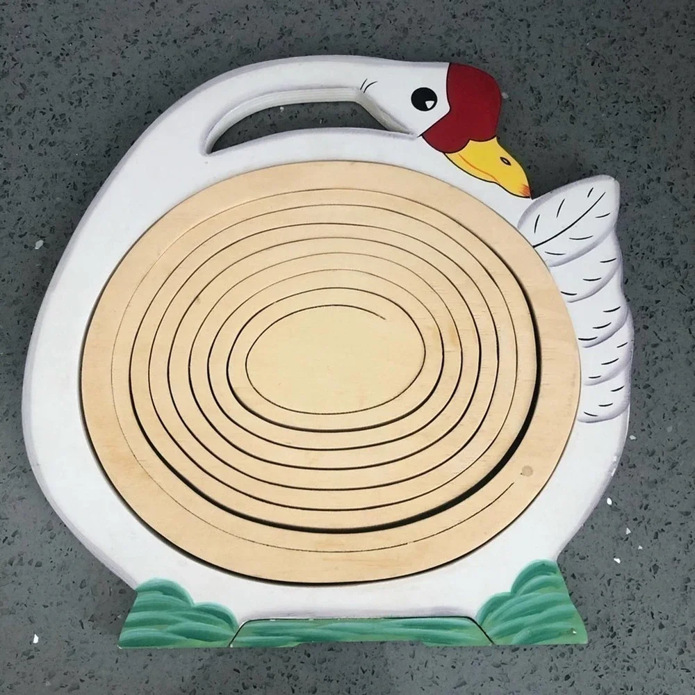 Vintage Collapsible Wood Goose Fruit Basket Spiral Folding Trivet Kitchen Decor